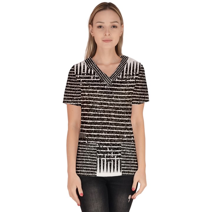 Black and White Abstract Grunge Stripes Women s V-Neck Scrub Top