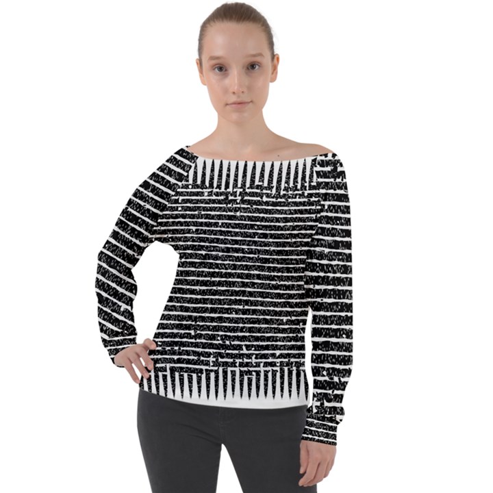 Black and White Abstract Grunge Stripes Off Shoulder Long Sleeve Velour Top