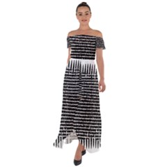 Black And White Abstract Grunge Stripes Off Shoulder Open Front Chiffon Dress by SpinnyChairDesigns