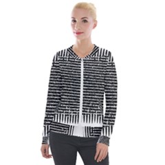 Black And White Abstract Grunge Stripes Velour Zip Up Jacket by SpinnyChairDesigns