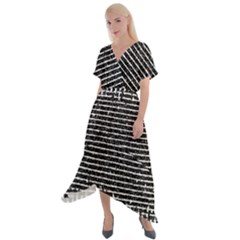 Black And White Abstract Grunge Stripes Cross Front Sharkbite Hem Maxi Dress by SpinnyChairDesigns