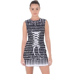 Black And White Abstract Grunge Stripes Lace Up Front Bodycon Dress by SpinnyChairDesigns