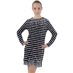 Black And White Abstract Grunge Stripes Long Sleeve Hoodie Dress by SpinnyChairDesigns