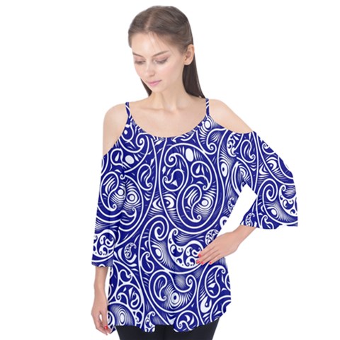 Blue White Paisley Intricate Swirls Flutter Tees by SpinnyChairDesigns