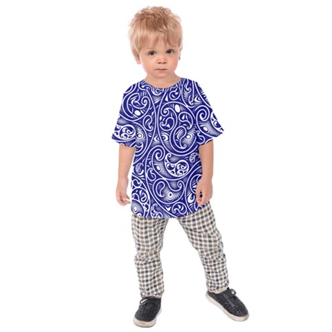 Blue White Paisley Intricate Swirls Kids  Raglan Tee by SpinnyChairDesigns