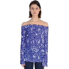 Blue White Paisley Intricate Swirls Off Shoulder Long Sleeve Top by SpinnyChairDesigns