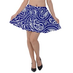 Blue White Paisley Intricate Swirls Velvet Skater Skirt