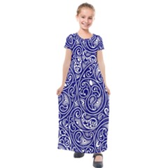 Blue White Paisley Intricate Swirls Kids  Short Sleeve Maxi Dress by SpinnyChairDesigns