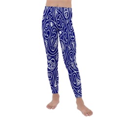 Blue White Paisley Intricate Swirls Kids  Lightweight Velour Leggings by SpinnyChairDesigns