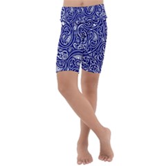 Blue White Paisley Intricate Swirls Kids  Lightweight Velour Cropped Yoga Leggings by SpinnyChairDesigns