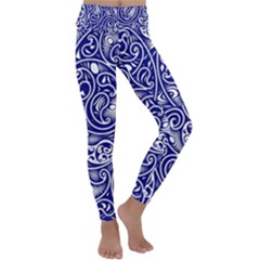 Blue White Paisley Intricate Swirls Kids  Lightweight Velour Classic Yoga Leggings by SpinnyChairDesigns