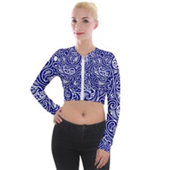 Blue White Paisley Intricate Swirls Long Sleeve Cropped Velvet Jacket by SpinnyChairDesigns