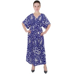 Blue White Paisley Intricate Swirls V-neck Boho Style Maxi Dress by SpinnyChairDesigns