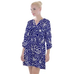 Blue White Paisley Intricate Swirls Open Neck Shift Dress