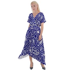 Blue White Paisley Intricate Swirls Cross Front Sharkbite Hem Maxi Dress by SpinnyChairDesigns