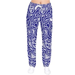 Blue White Paisley Intricate Swirls Women Velvet Drawstring Pants by SpinnyChairDesigns