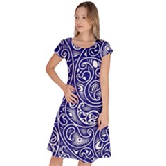 Blue White Paisley Intricate Swirls Classic Short Sleeve Dress by SpinnyChairDesigns