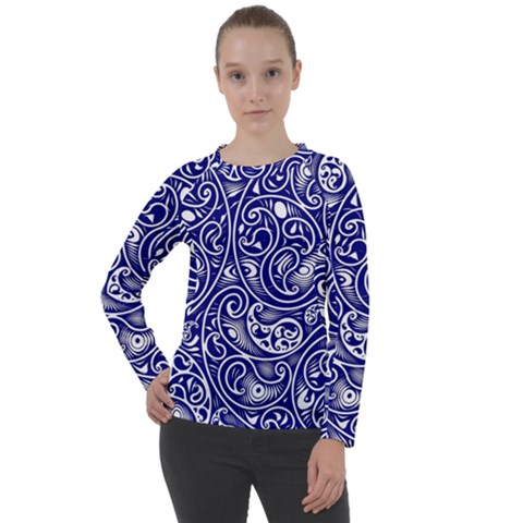 Blue White Paisley Intricate Swirls Women s Long Sleeve Raglan Tee by SpinnyChairDesigns