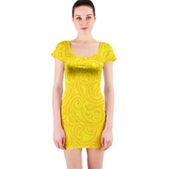 Bright Yellow Gold Paisley Pattern Short Sleeve Bodycon Dress by SpinnyChairDesigns