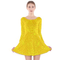 Bright Yellow Gold Paisley Pattern Long Sleeve Velvet Skater Dress by SpinnyChairDesigns