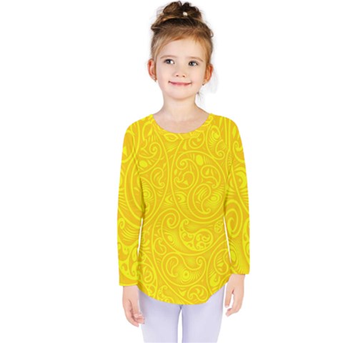 Bright Yellow Gold Paisley Pattern Kids  Long Sleeve Tee by SpinnyChairDesigns