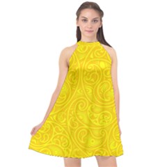 Bright Yellow Gold Paisley Pattern Halter Neckline Chiffon Dress  by SpinnyChairDesigns