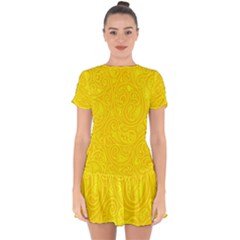 Bright Yellow Gold Paisley Pattern Drop Hem Mini Chiffon Dress by SpinnyChairDesigns