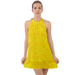 Bright Yellow Gold Paisley Pattern Halter Tie Back Chiffon Dress by SpinnyChairDesigns