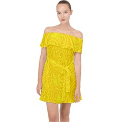 Bright Yellow Gold Paisley Pattern Off Shoulder Chiffon Dress by SpinnyChairDesigns