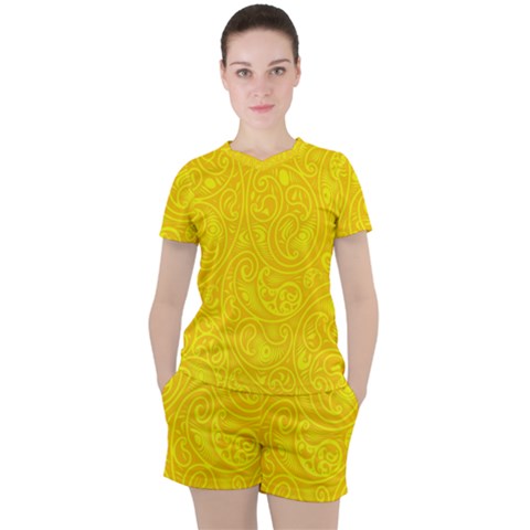 Bright Yellow Gold Paisley Pattern Women s Tee And Shorts Set by SpinnyChairDesigns