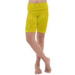 Bright Yellow Gold Paisley Pattern Kids  Lightweight Velour Cropped Yoga Leggings by SpinnyChairDesigns