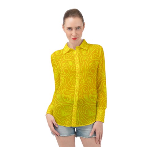 Bright Yellow Gold Paisley Pattern Long Sleeve Chiffon Shirt by SpinnyChairDesigns