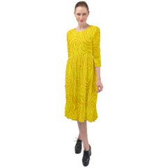 Bright Yellow Gold Paisley Pattern Ruffle End Midi Chiffon Dress by SpinnyChairDesigns