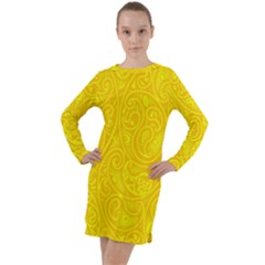 Bright Yellow Gold Paisley Pattern Long Sleeve Hoodie Dress by SpinnyChairDesigns