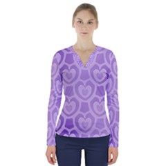 Purple Hearts Pattern V-neck Long Sleeve Top by SpinnyChairDesigns