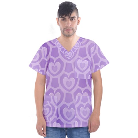 Purple Hearts Pattern Men s V-neck Scrub Top by SpinnyChairDesigns