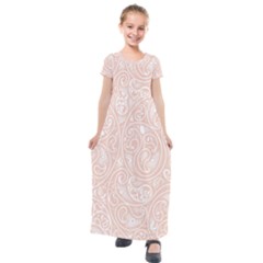 Barely There White Paisley Pattern Kids  Short Sleeve Maxi Dress by SpinnyChairDesigns