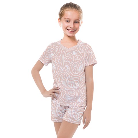 Barely There White Paisley Pattern Kids  Mesh Tee And Shorts Set by SpinnyChairDesigns