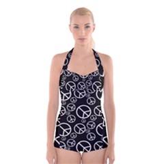 Black And White Peace Symbols Boyleg Halter Swimsuit  by SpinnyChairDesigns