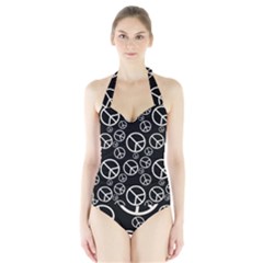 Black And White Peace Symbols Halter Swimsuit by SpinnyChairDesigns