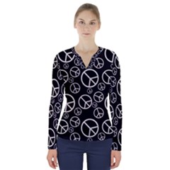 Black And White Peace Symbols V-neck Long Sleeve Top by SpinnyChairDesigns