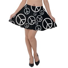 Black And White Peace Symbols Velvet Skater Skirt by SpinnyChairDesigns