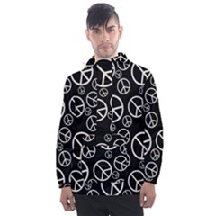 Black And White Peace Symbols Men s Front Pocket Pullover Windbreaker by SpinnyChairDesigns