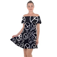 Black And White Peace Symbols Off Shoulder Velour Dress by SpinnyChairDesigns