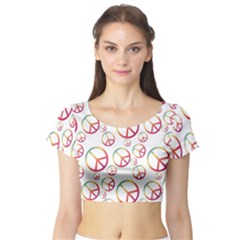 Colorful Rainbow Peace Symbols Short Sleeve Crop Top by SpinnyChairDesigns