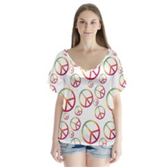 Colorful Rainbow Peace Symbols V-neck Flutter Sleeve Top by SpinnyChairDesigns