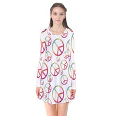 Colorful Rainbow Peace Symbols Long Sleeve V-neck Flare Dress by SpinnyChairDesigns