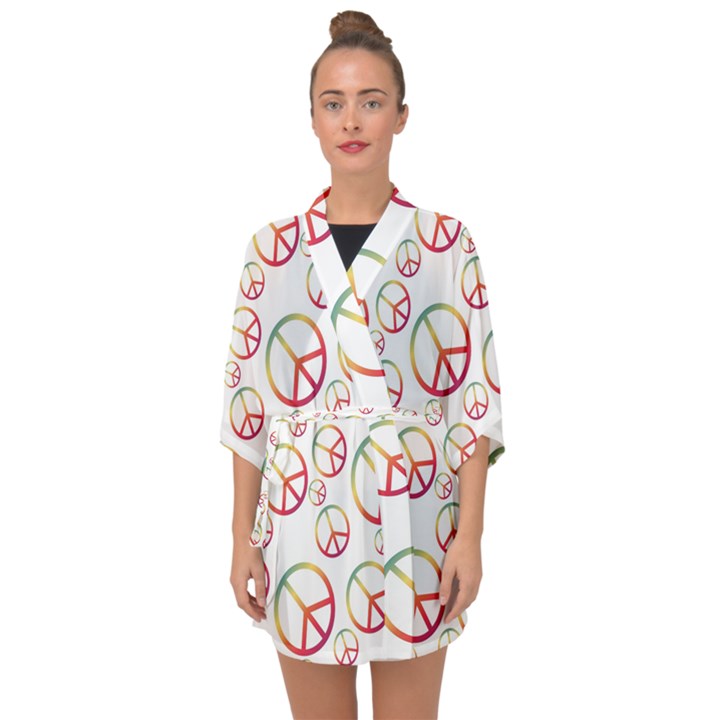 Colorful Rainbow Peace Symbols Half Sleeve Chiffon Kimono