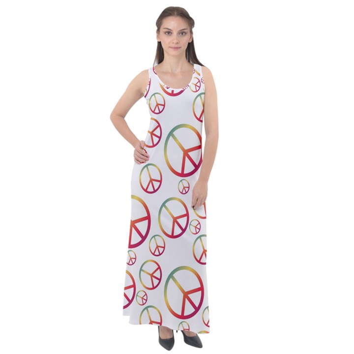 Colorful Rainbow Peace Symbols Sleeveless Velour Maxi Dress