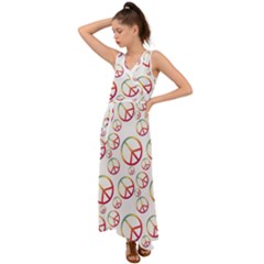 Colorful Rainbow Peace Symbols V-neck Chiffon Maxi Dress by SpinnyChairDesigns